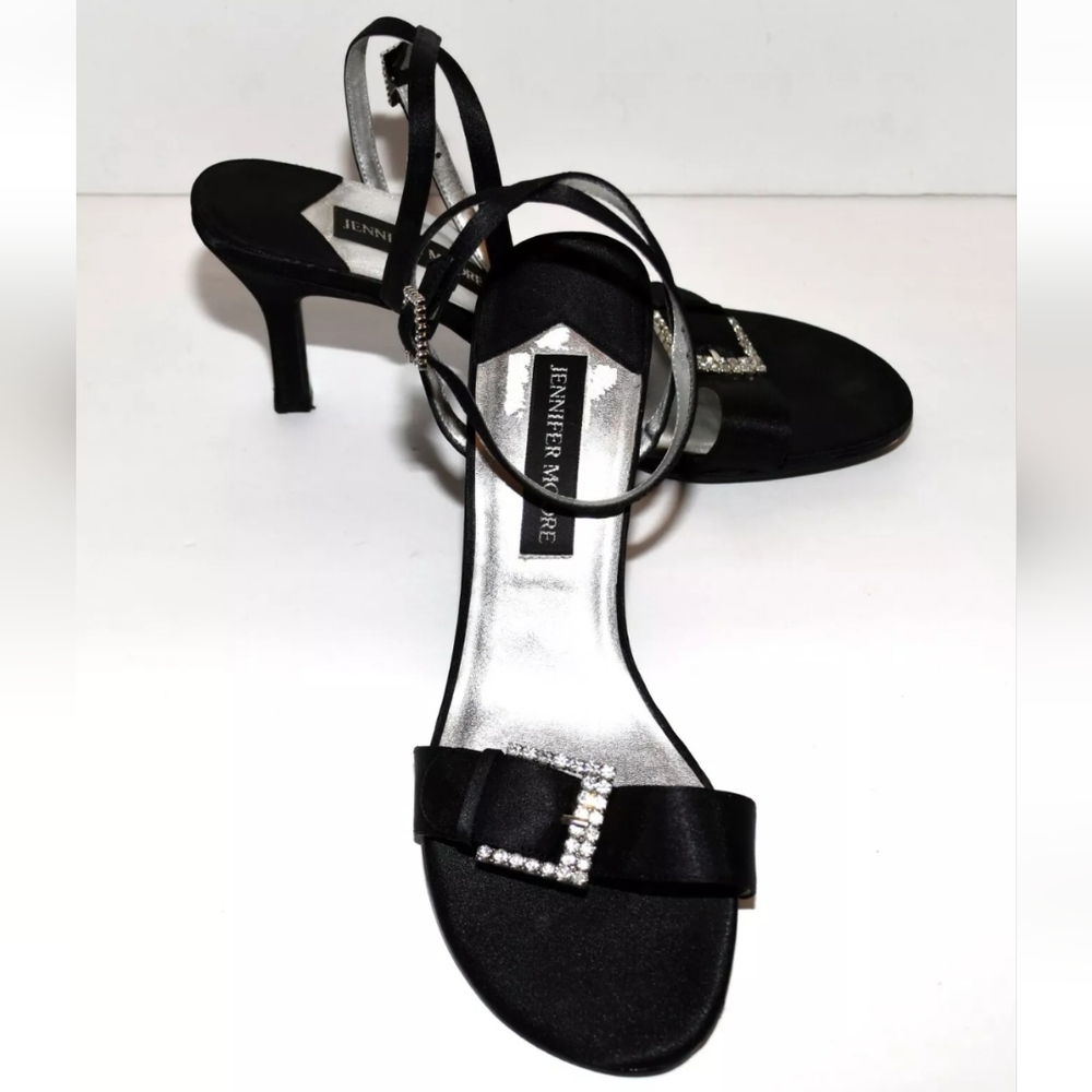 Jennifer Moore Dolce Black Satin Rhinestone Buckles Ankle Strap Heels Size 8.5M